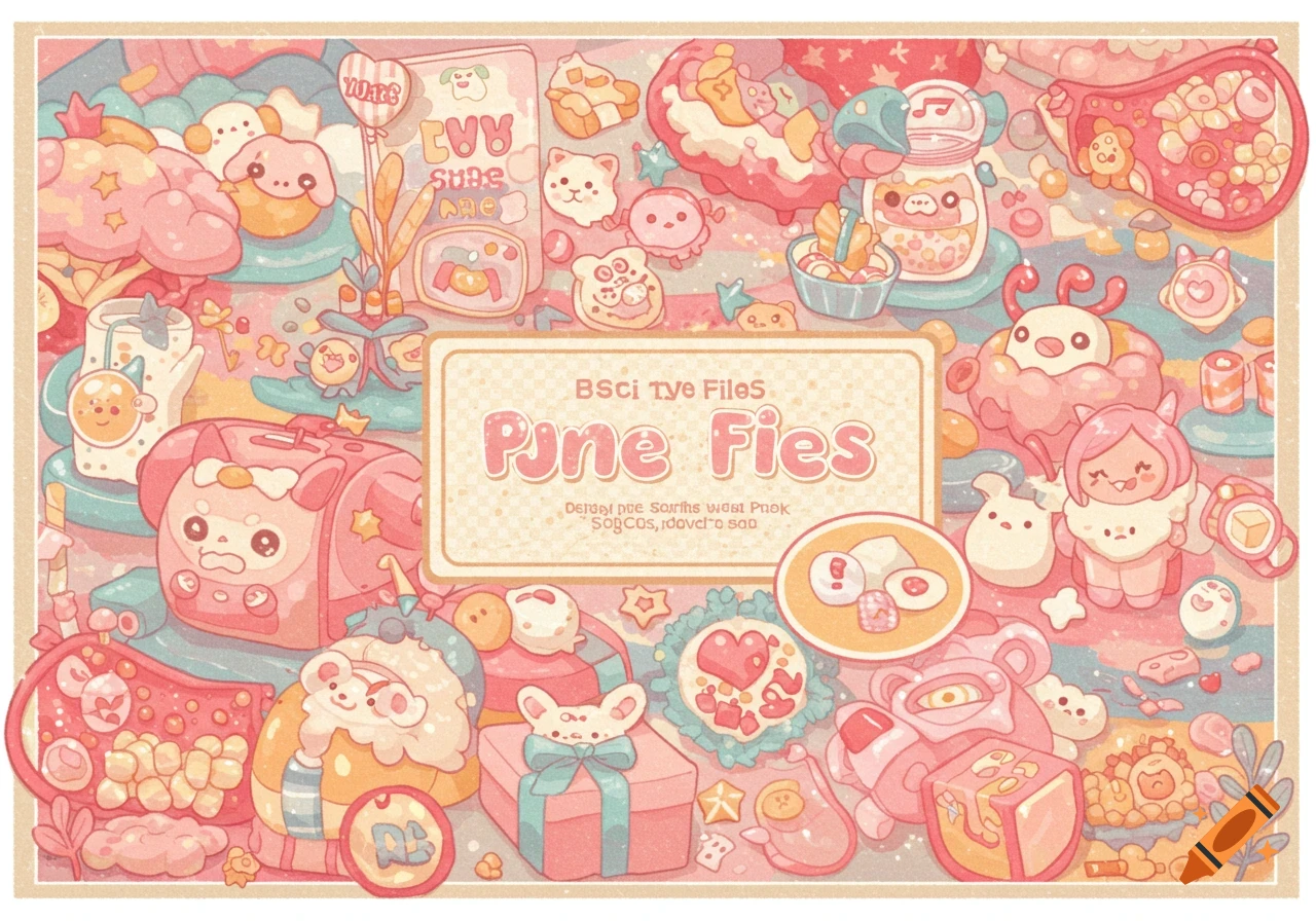 Cute pastel illustration of cartoon characters, sweets, gifts, and objects.