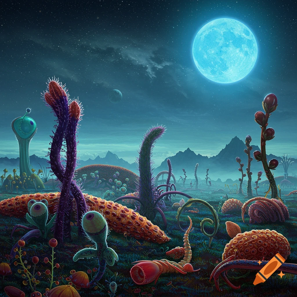Alien landscape with strange plants under a large blue moon in a starry night sky.