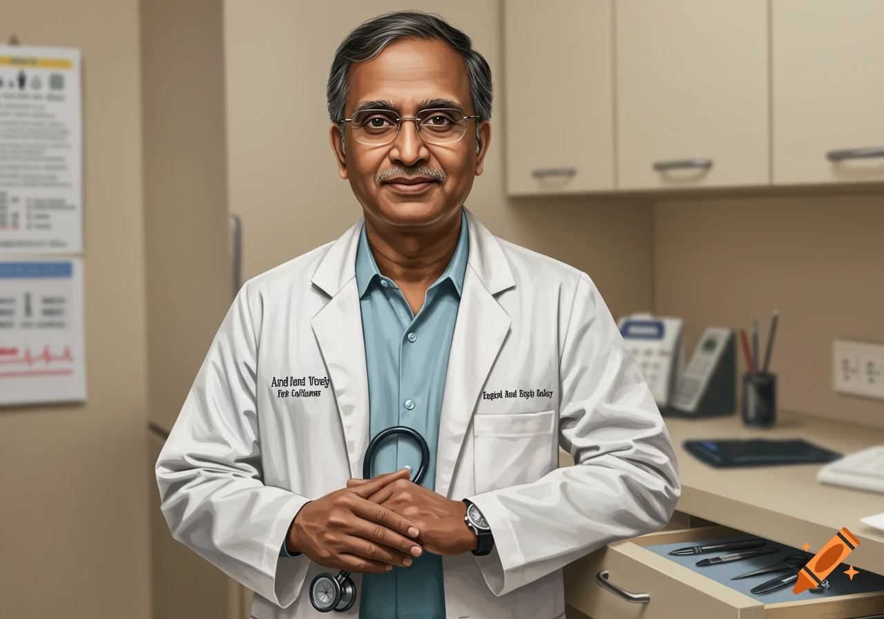 Portrait of an Indian doctor in a white lab coat with a stethoscope in a clinic office.