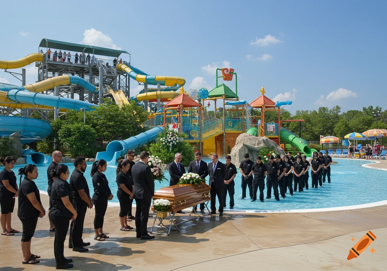 A funeral service is held beside a pool at a water park.