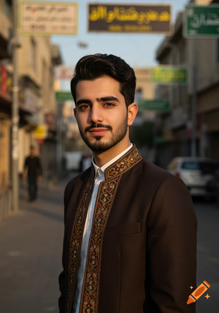 Portrait of a young man in a decorative jacket on a street.
