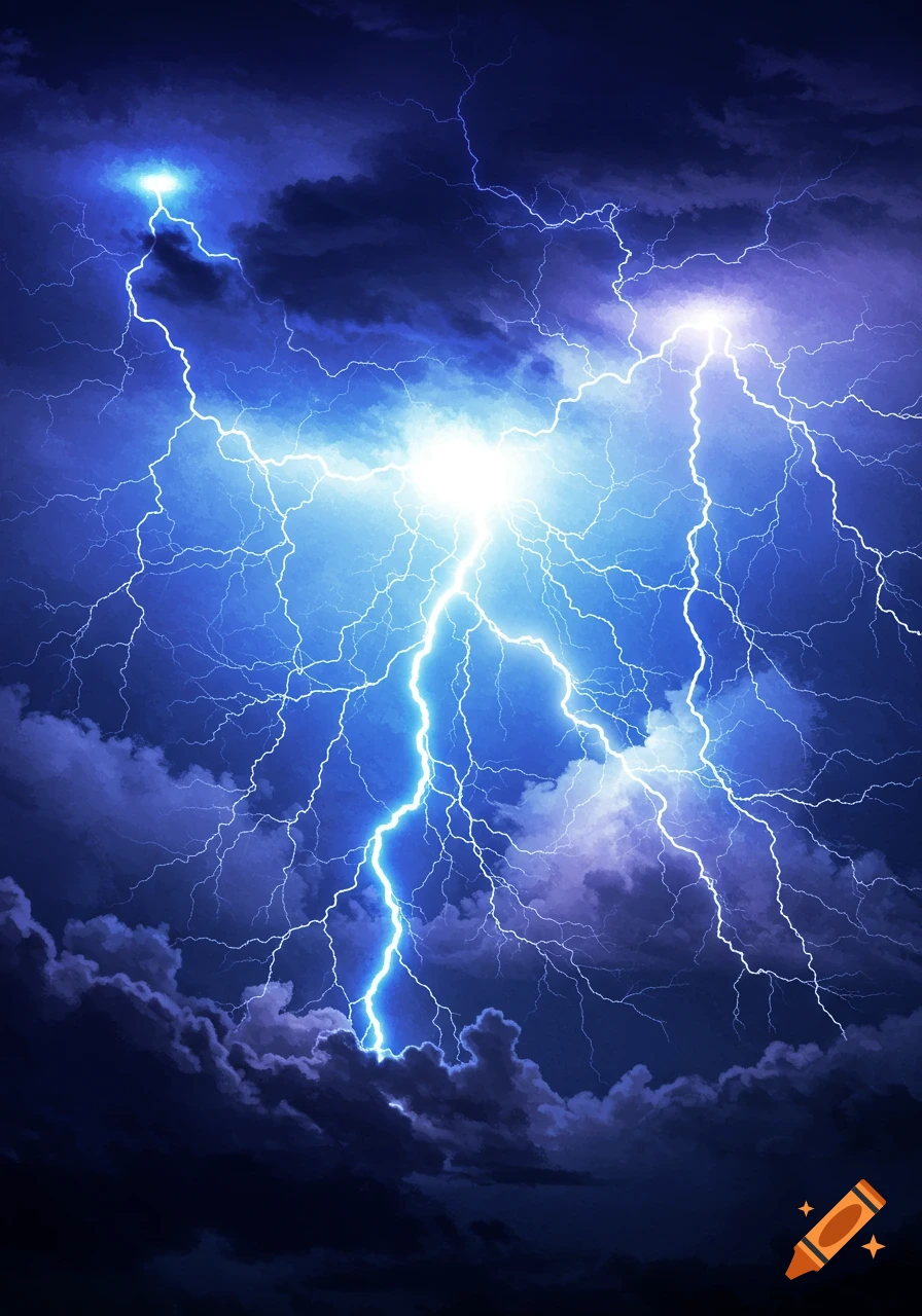 Multiple bright lightning strikes against a dark stormy sky.