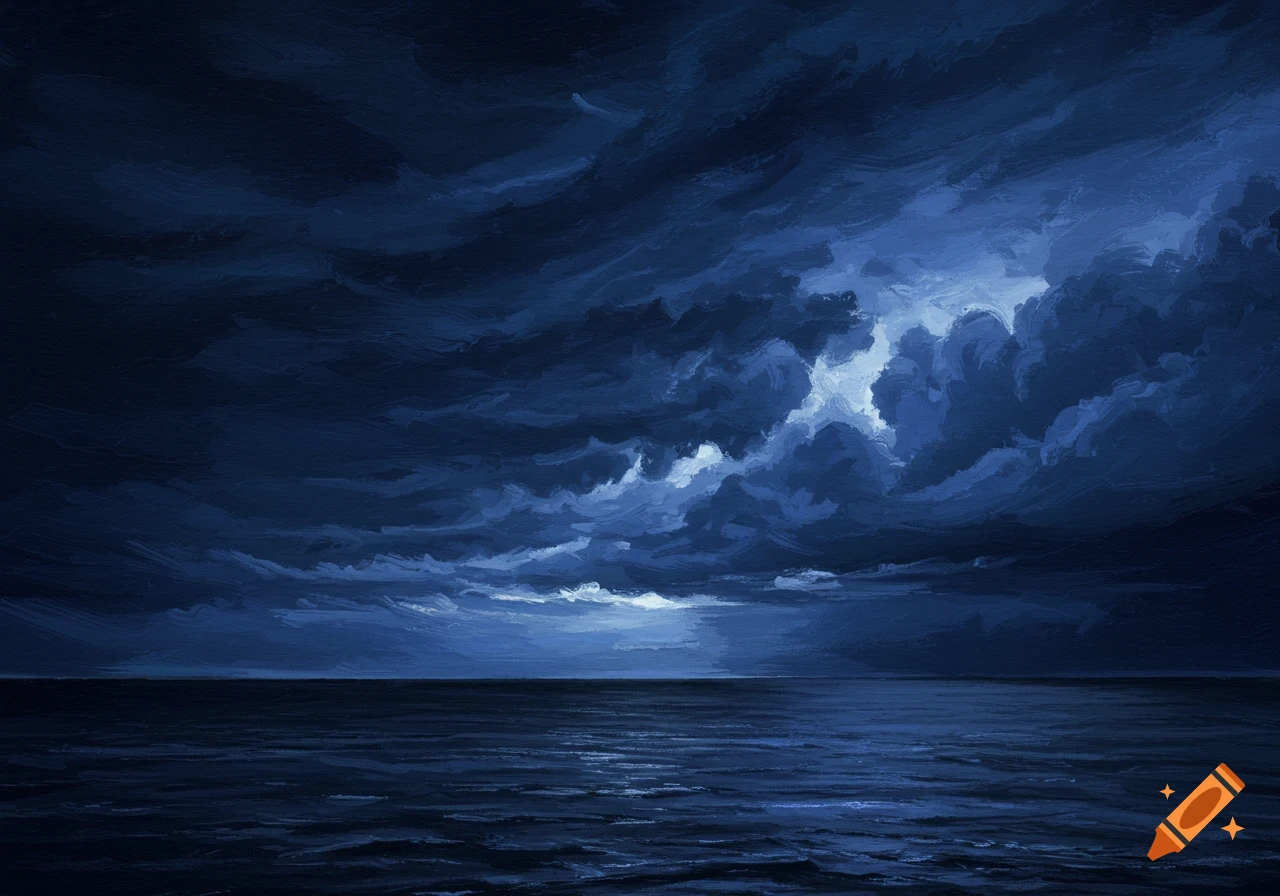 Oil pastel painting of a dark blue stormy sea and sky.