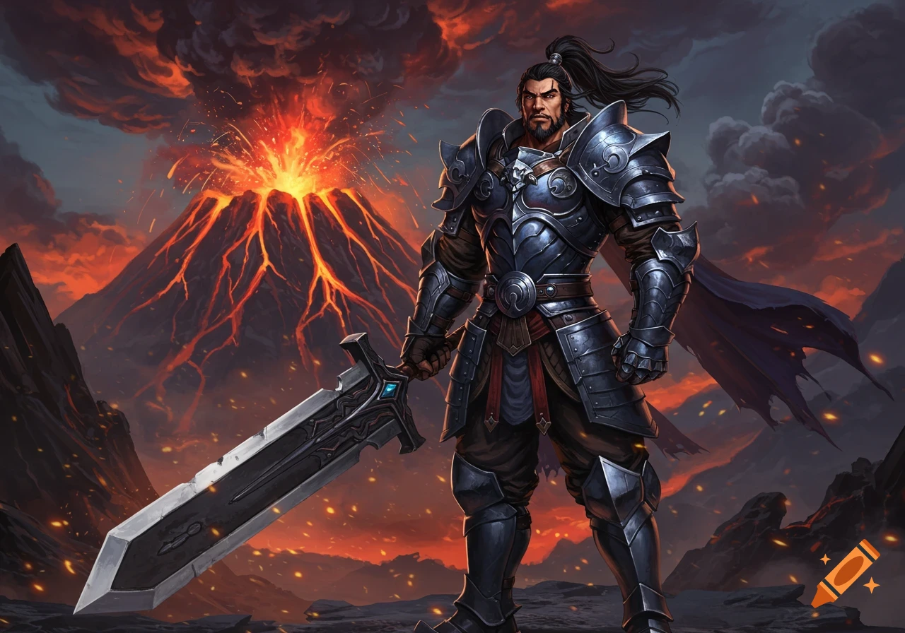 Fantasy warrior in armor holding a great sword stands before an erupting volcano