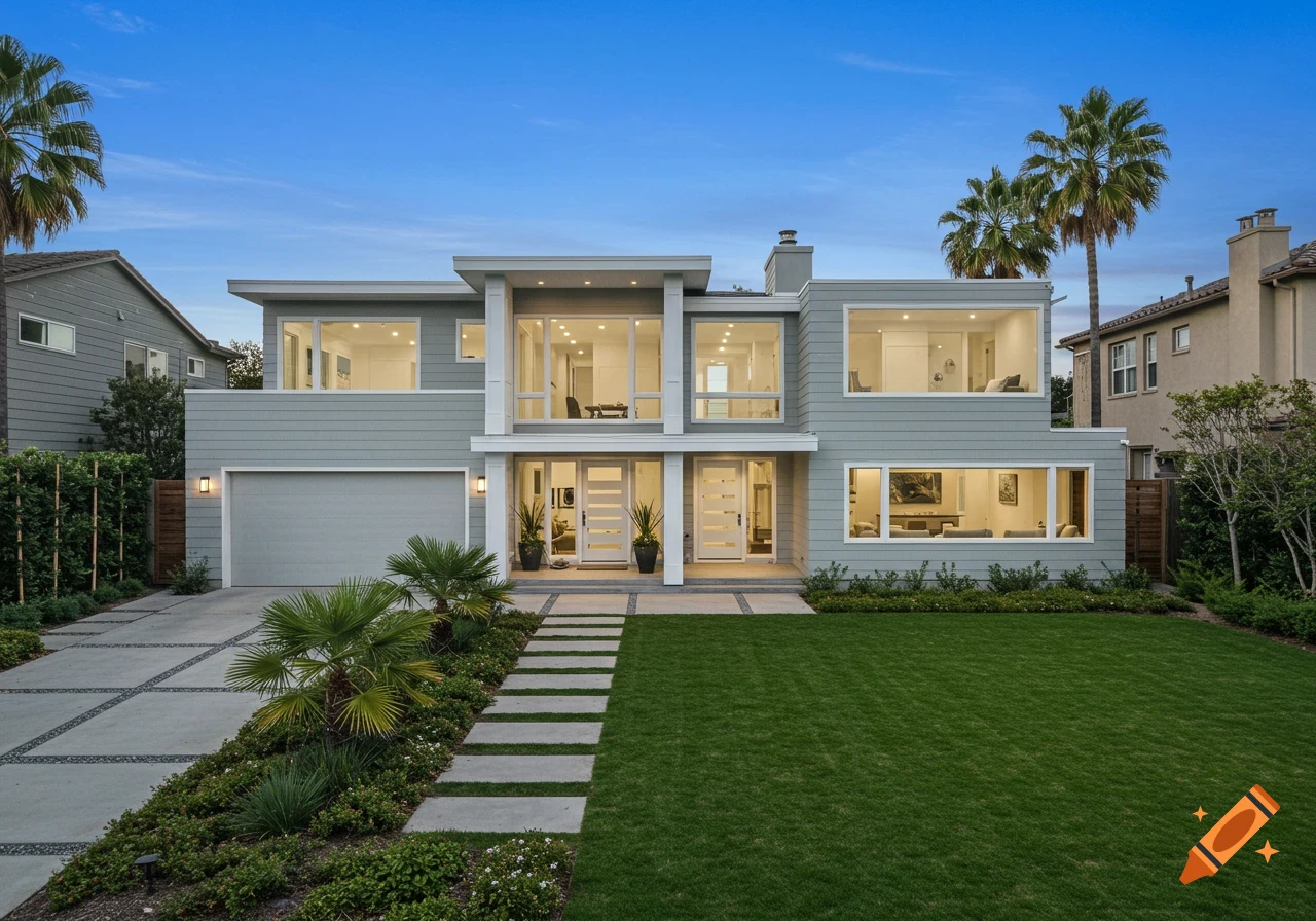 Modern residential house with landscaping at dusk