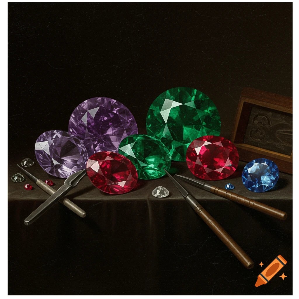 Still life of colorful gemstones and tools on a dark surface.