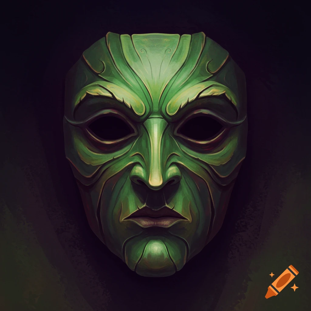 Green stylized mask with leaf patterns against a dark background.