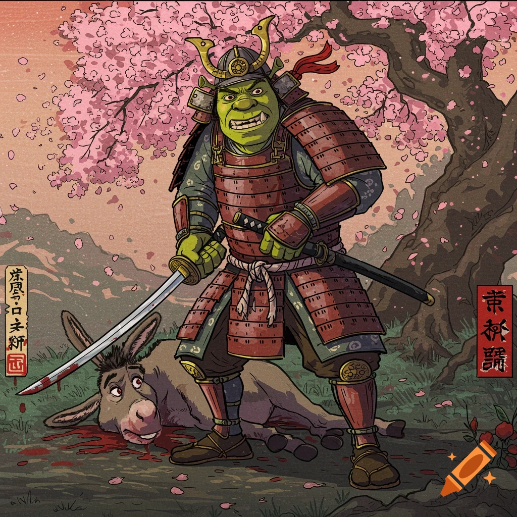 Shrek as a samurai stands over a defeated Donkey in a Ukiyo-e style landscape with cherry blossoms.