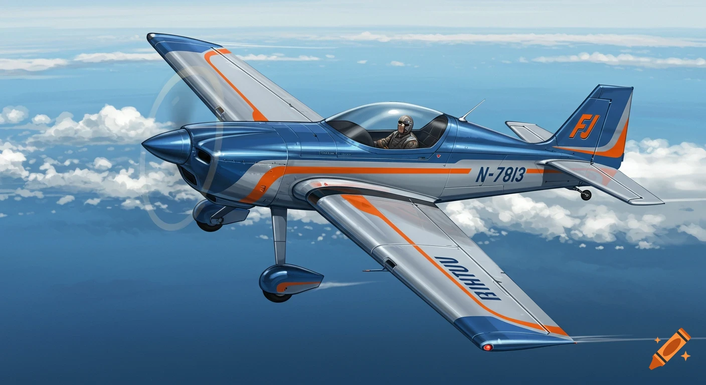 A blue, silver, and orange low-wing airplane flies through a partly cloudy sky.