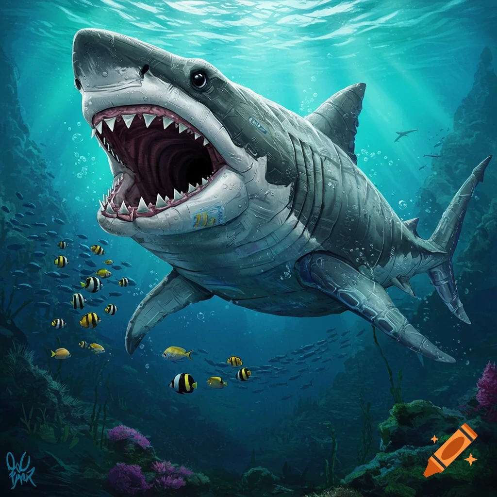 Illustration of a shark made from recycled materials, with its mouth open, swimming in the ocean among fish.