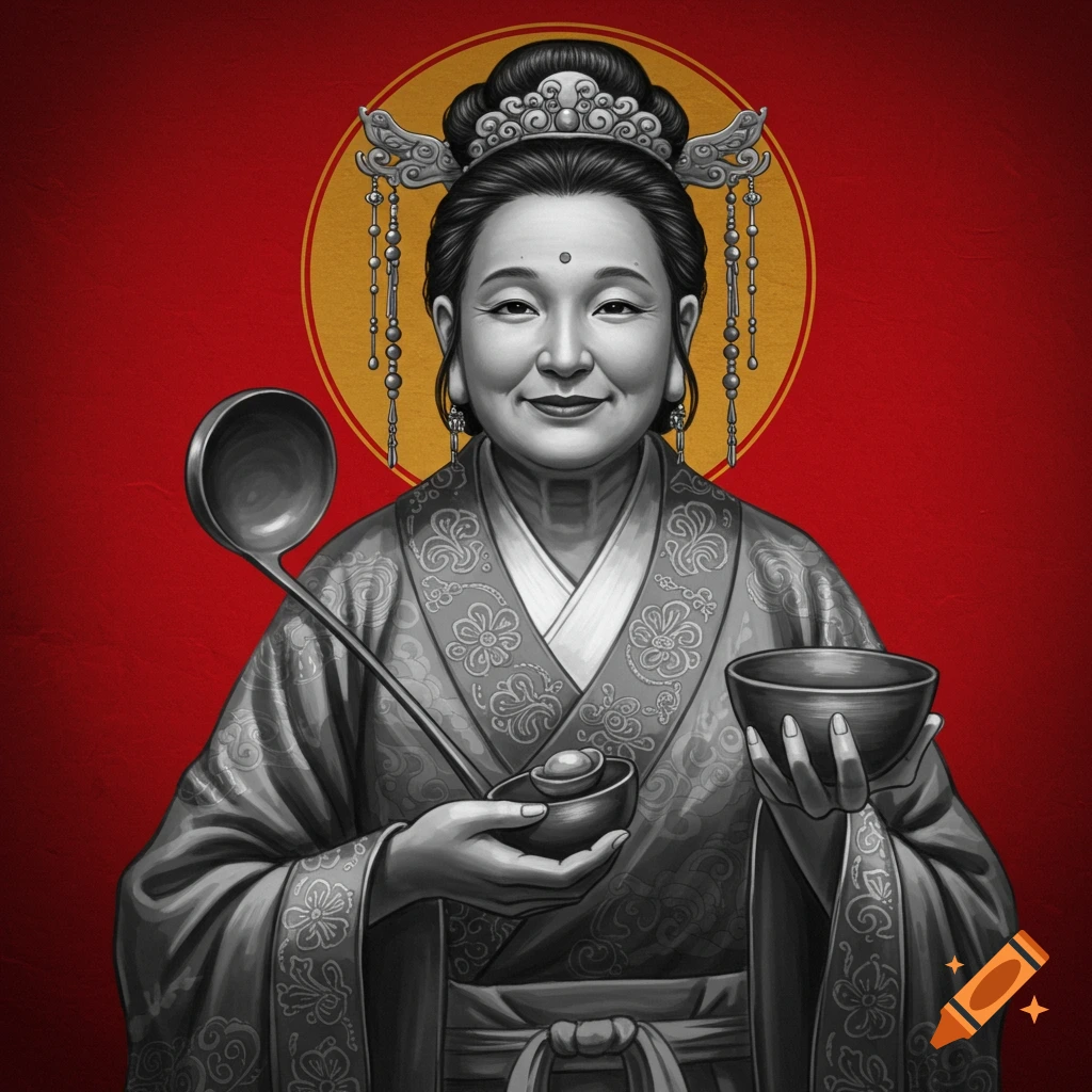 Black and white portrait of a Chinese woman in traditional clothing holding a ladle and bowl against a red background with a gold circle.