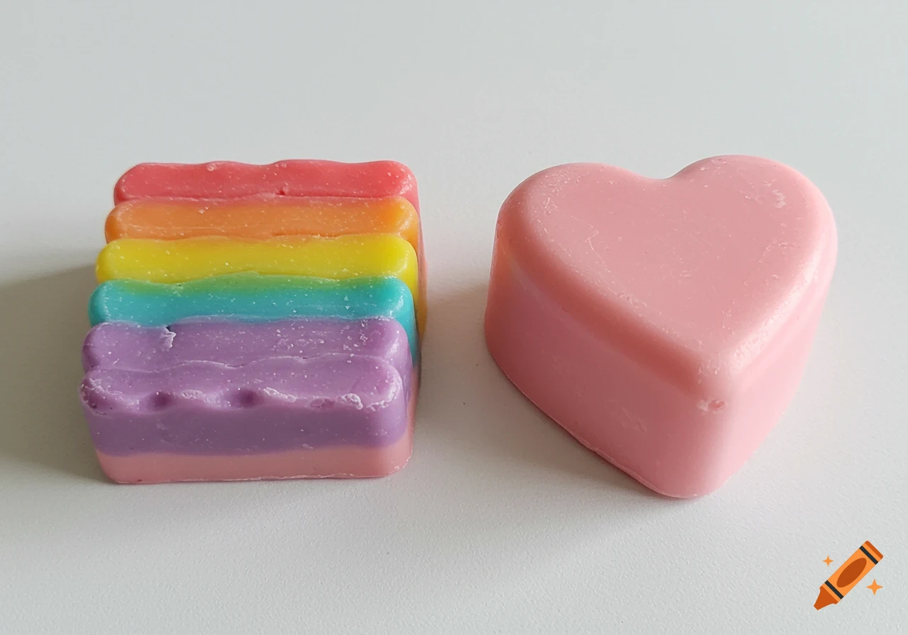 A stack of rainbow-colored soaps and a pink heart-shaped soap on a white background.