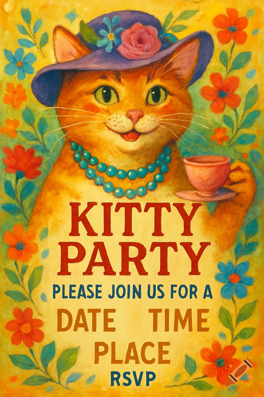 Illustration of an orange cat in a purple hat and blue pearls holding a teacup, with text "KITTY PARTY Please Join Us For A Date Time Place RSVP" surrounded by flowers.