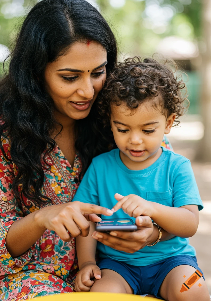 A mother and child using a phone outdoors.
