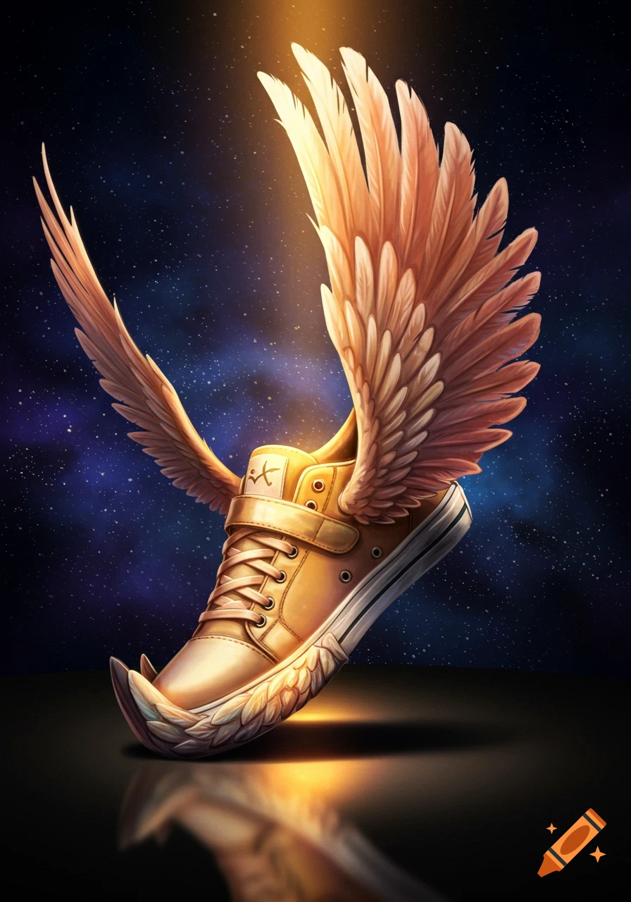 A detailed illustration of a gold shoe with large bird wings, set against a starry space background.