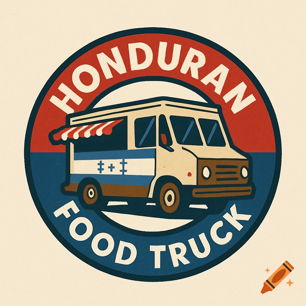 Circular logo for a Honduran food truck, featuring an illustrated food truck with a red and white striped awning.