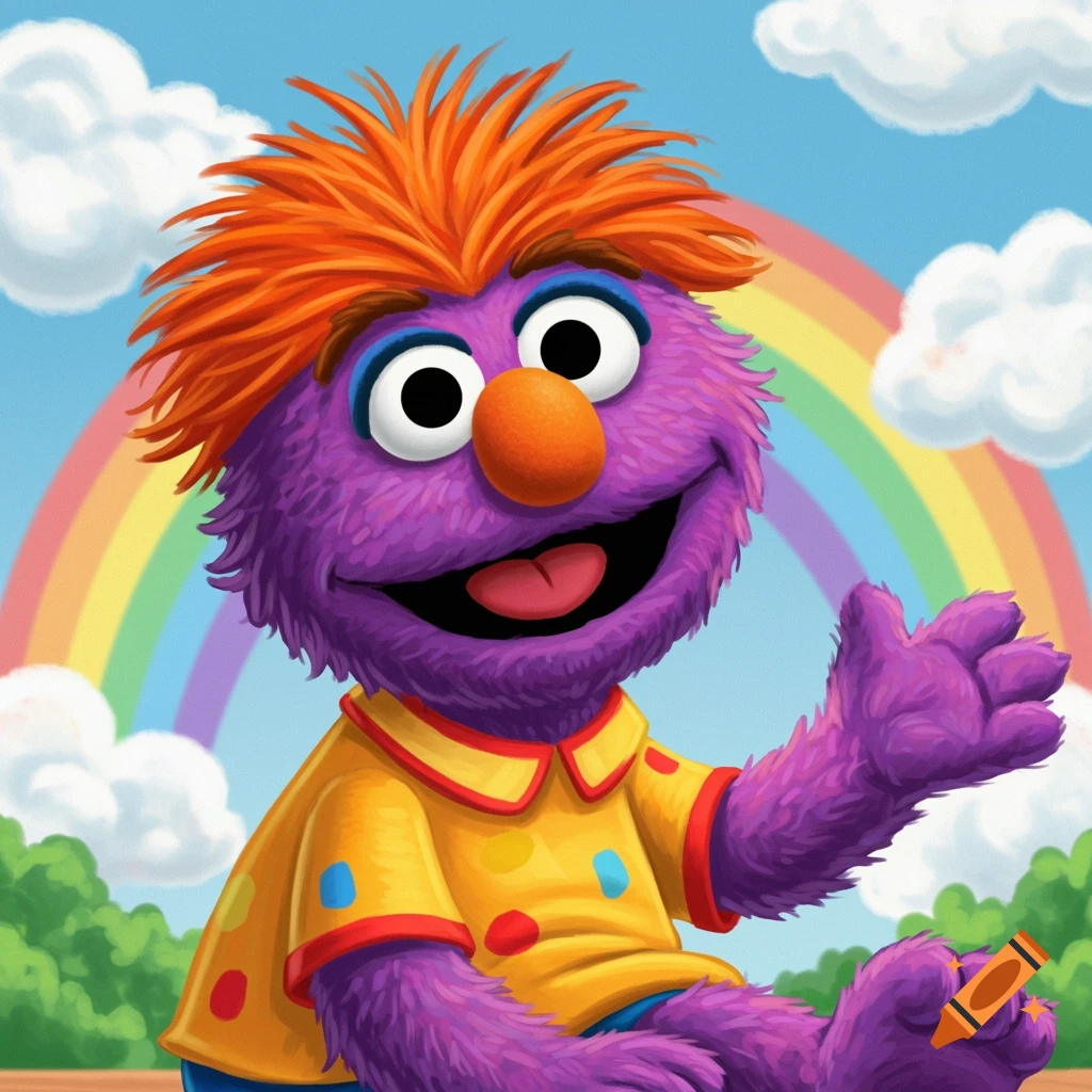A purple puppet character with orange hair and a yellow shirt smiles and waves in front of a rainbow and clouds.