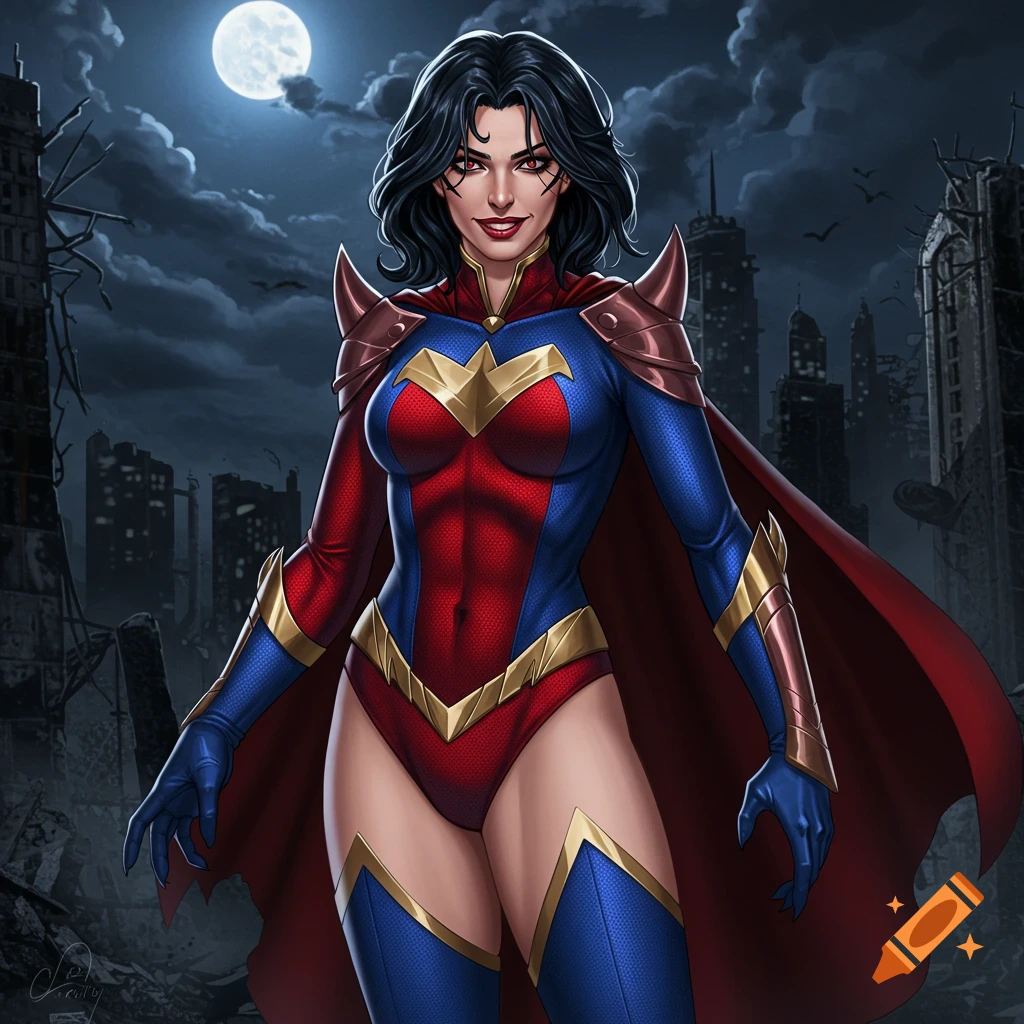 A female villain in a red and blue costume with gold accents stands in a ruined city at night under a full moon.