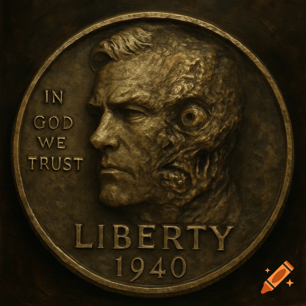 Bronze coin with profile of a man, one side normal, the other disfigured, with text "IN GOD WE TRUST" and "LIBERTY 1940".