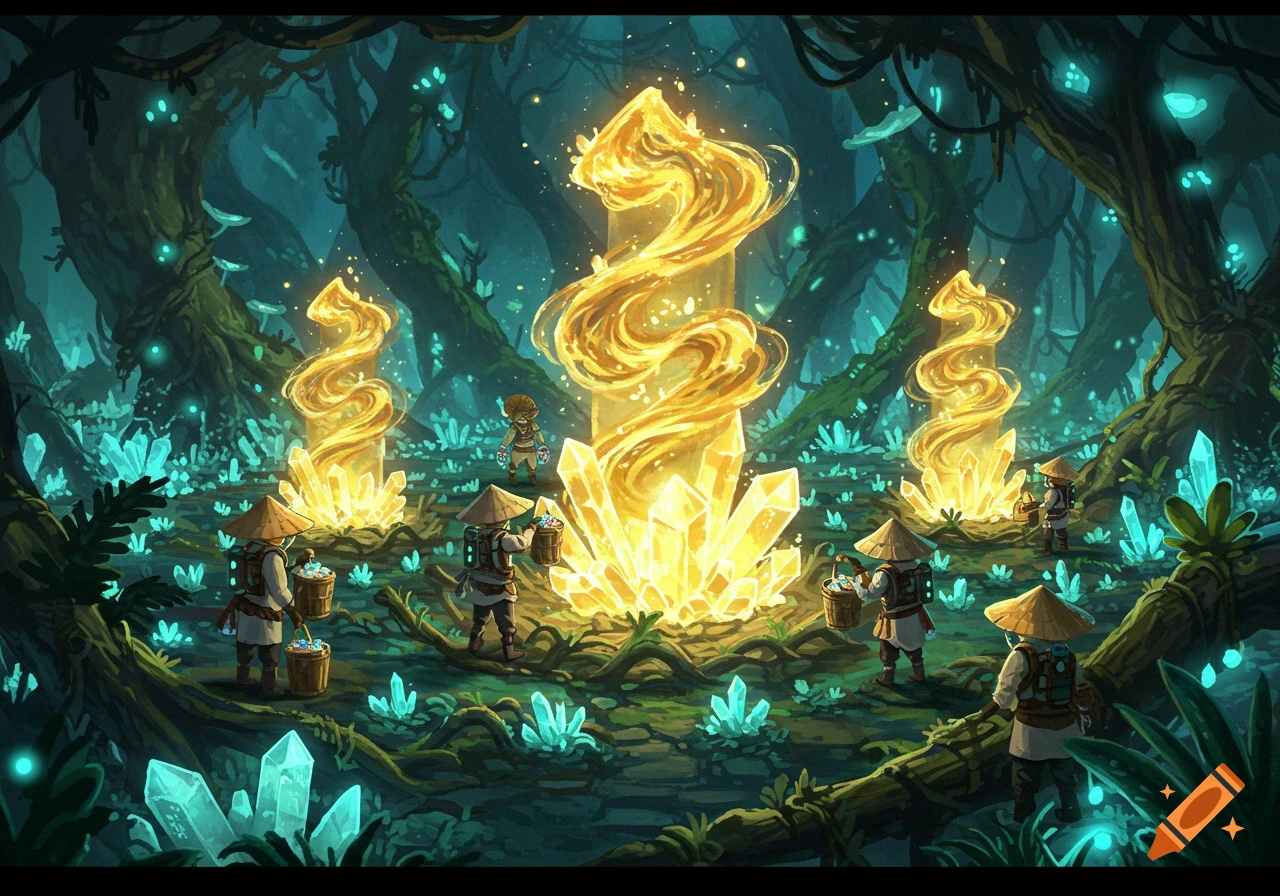 Small figures harvest glowing crystals beneath large swirling golden auroras in a vibrant stylized fantasy forest