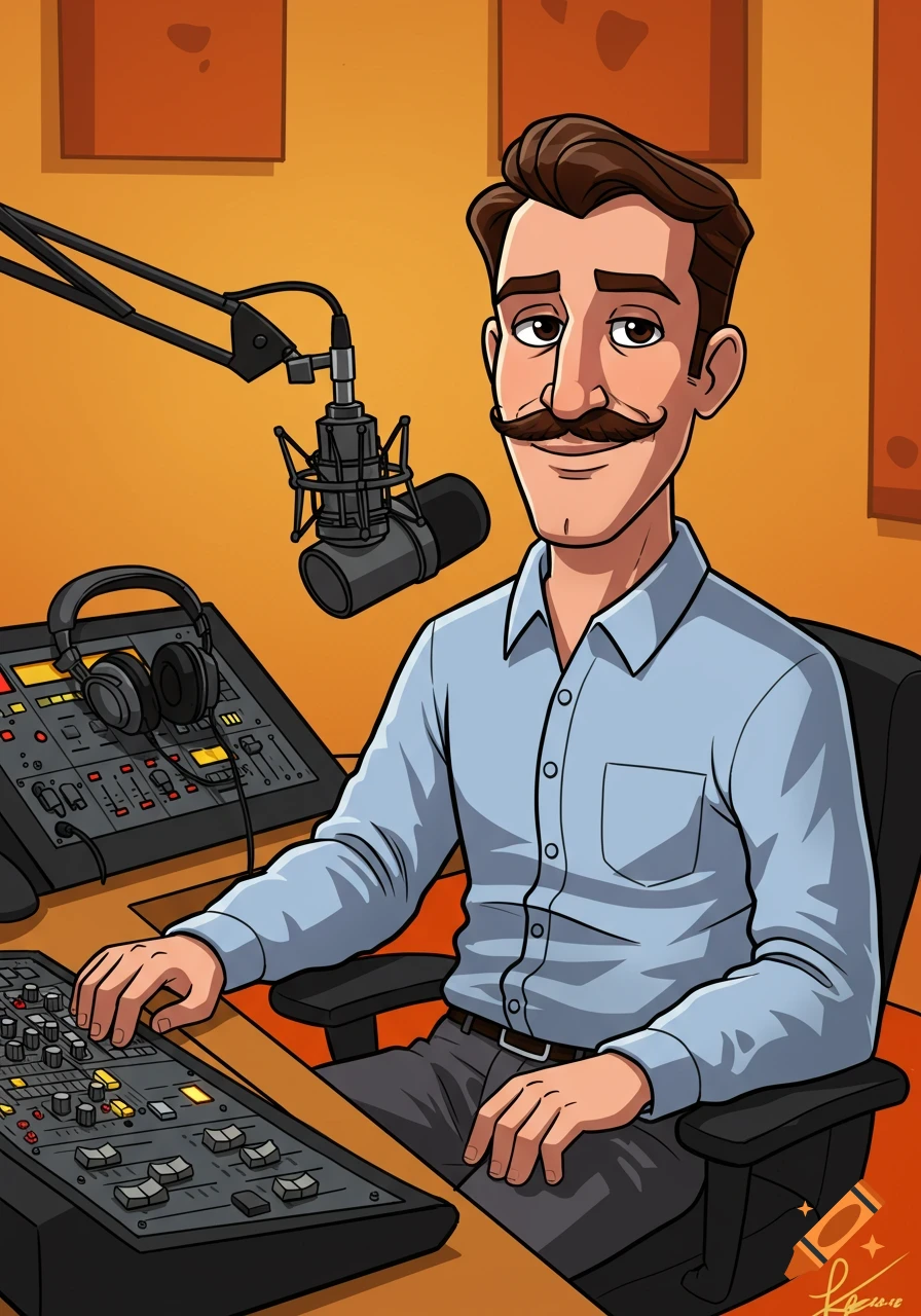 Cartoon man with a mustache sitting at a podcast mixing board with headphones and a microphone.