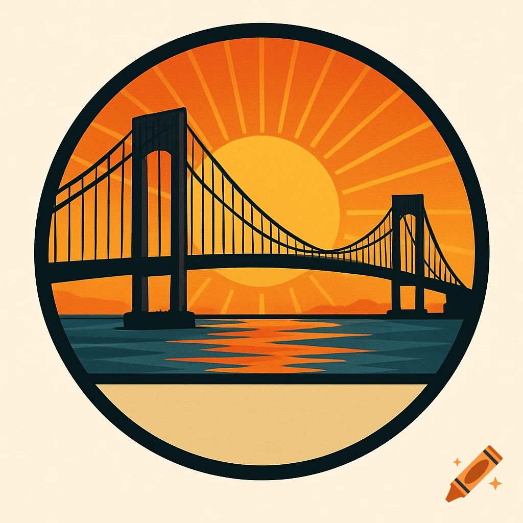 A circular vector art illustration of a bridge at sunrise.