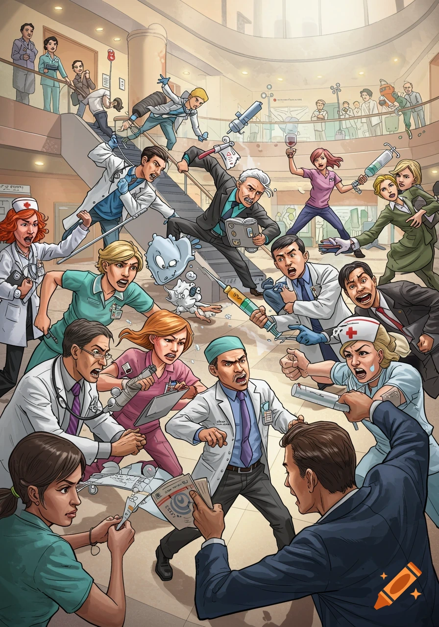 Illustration of hospital staff and others battling in a lobby using medical equipment.