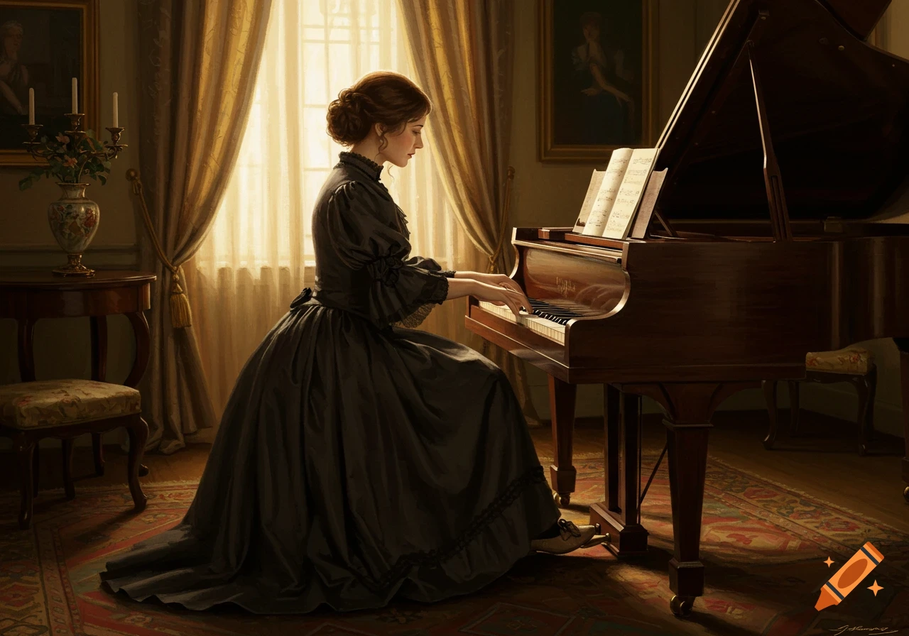 A woman in a dark dress plays a grand piano in a sunlit room, in the style of a classical painting.