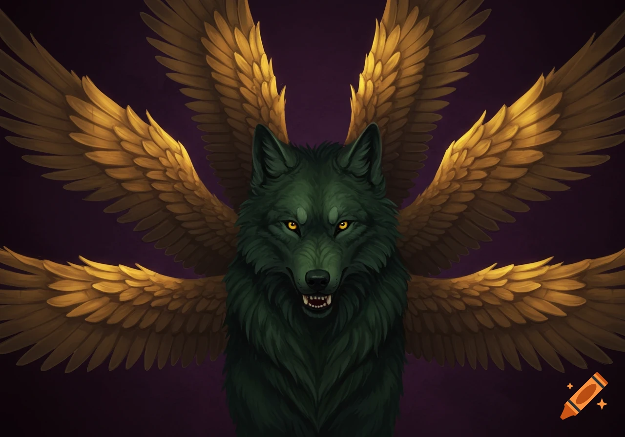 A dark green wolf creature with six golden wings stares intensely