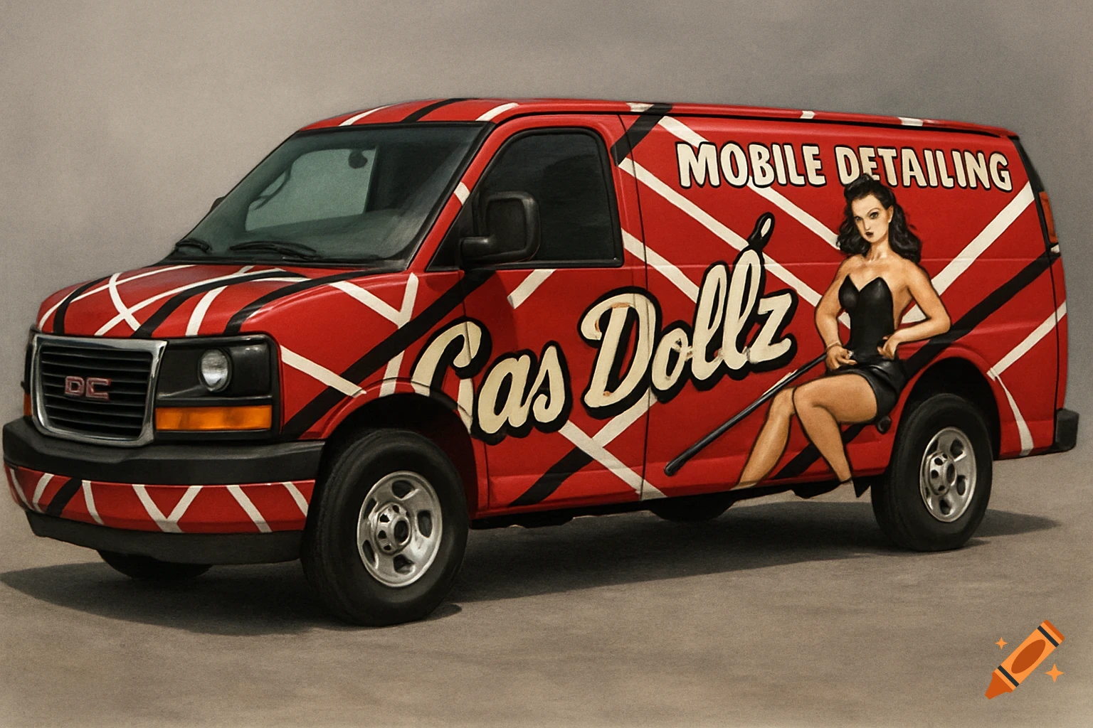 Red van with black and white stripes, 'Gas Dollz' text, and a pin-up girl.