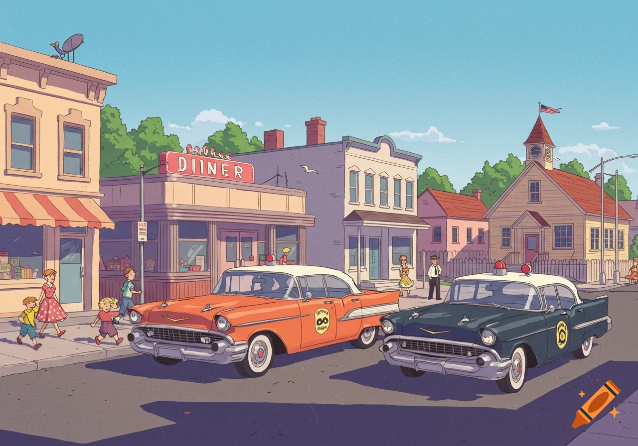 1950s cartoon illustration of a town street with classic police cars parked in front of a diner and people walking on the sidewalk.