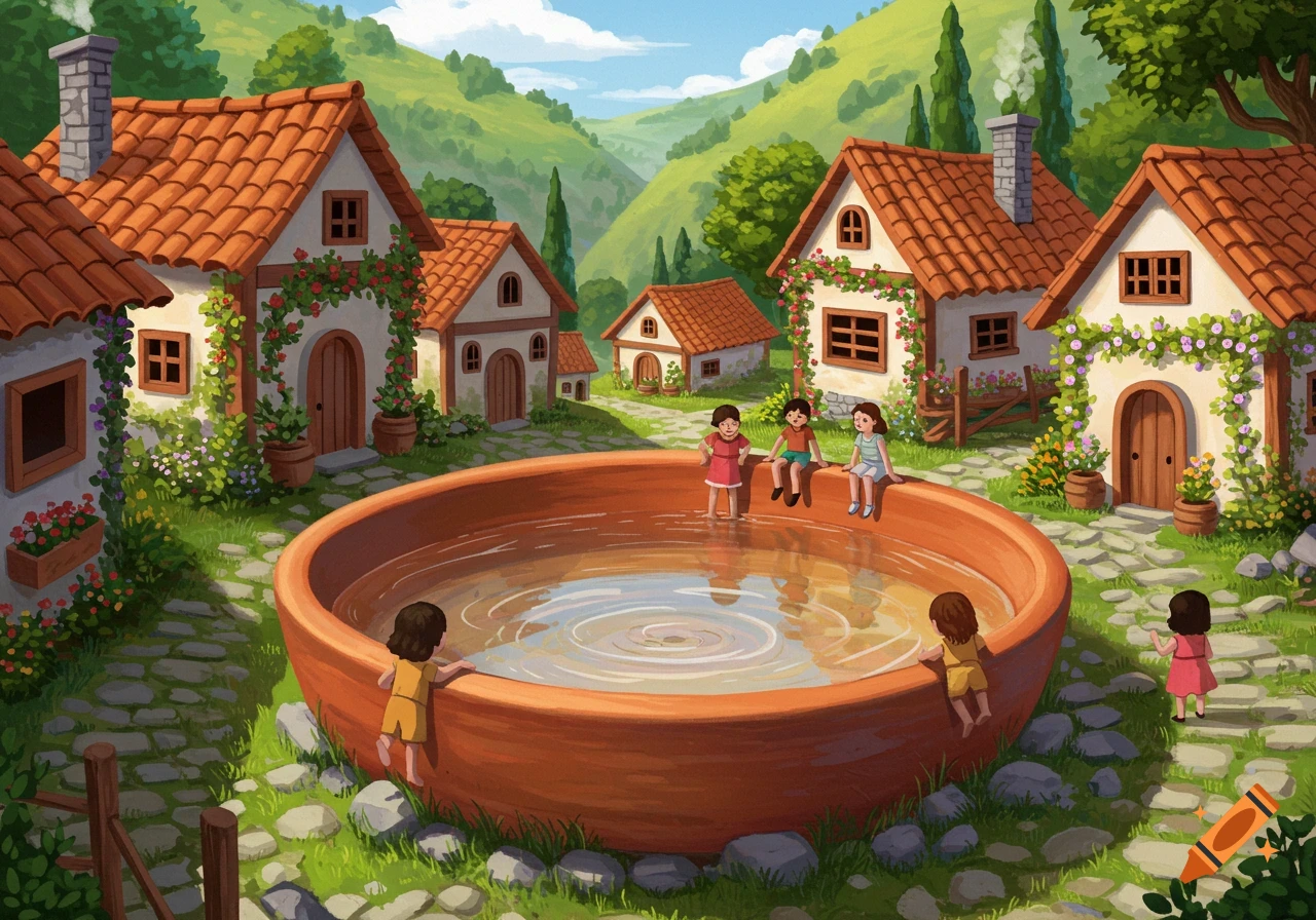Children play around a large clay pool in a small village nestled in a green valley, digital illustration.