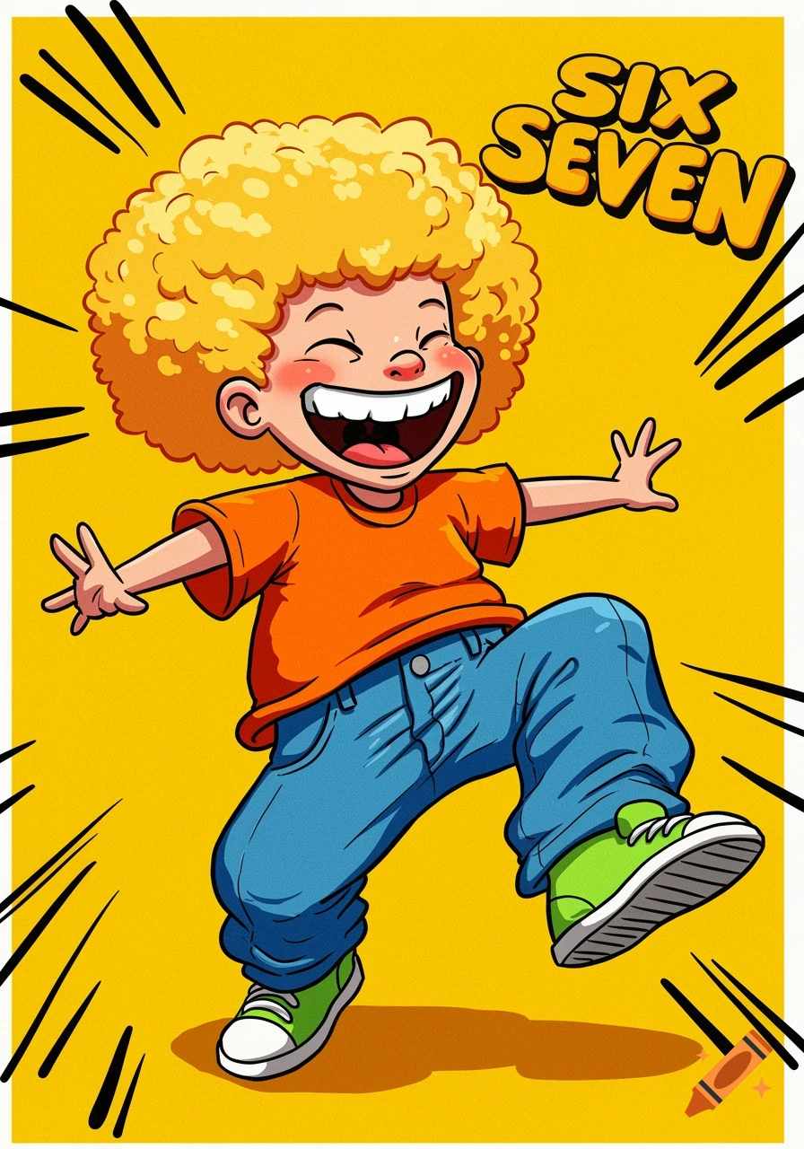 Cartoon boy with afro laughing and the words SIX SEVEN on yellow background