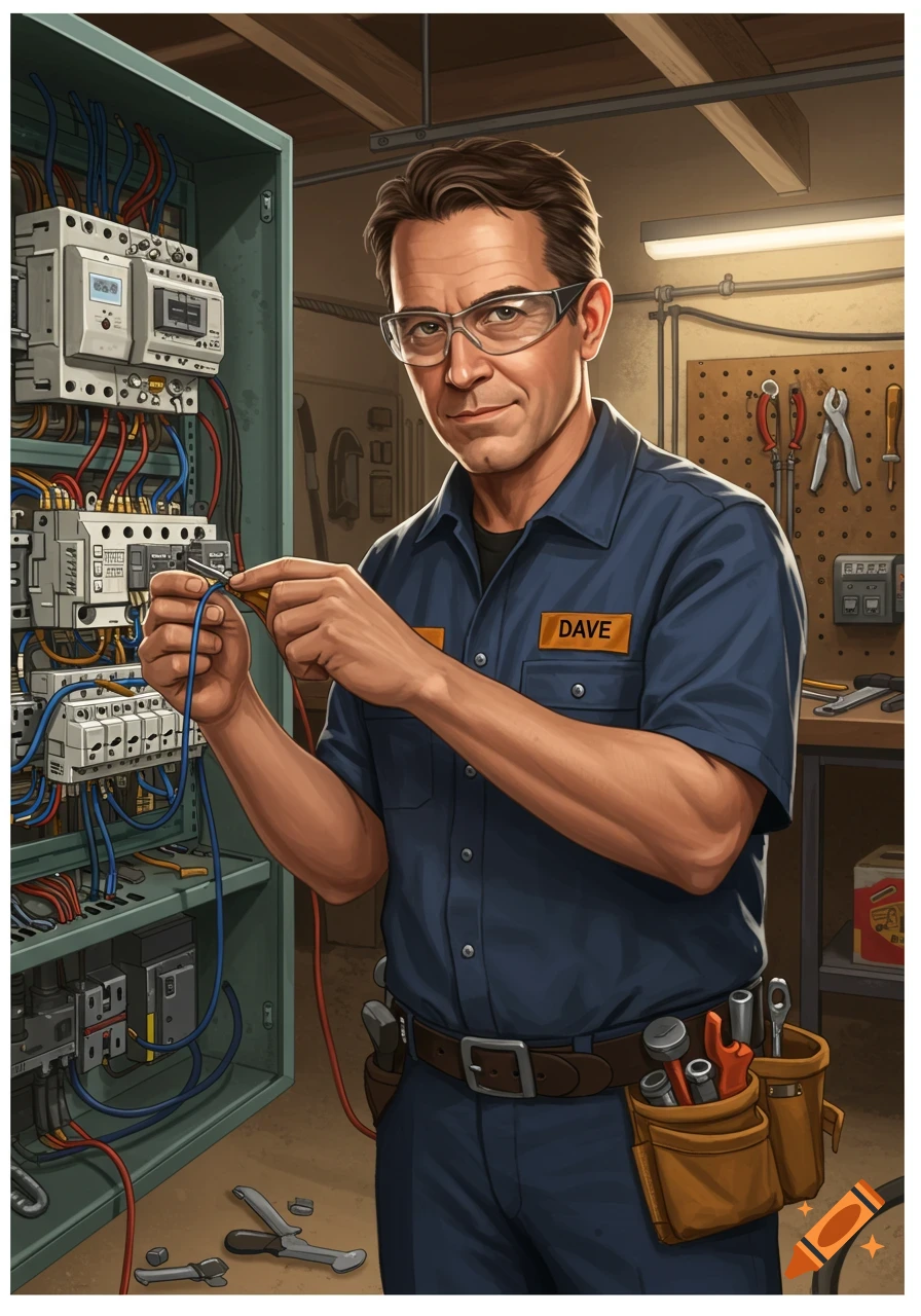 An electrician named Dave working on a wiring panel in a workshop, in an illustration style.
