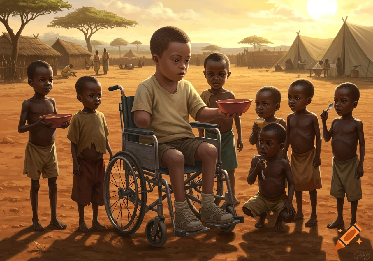Illustration of boy in wheelchair giving food to children in rural African village at sunset.