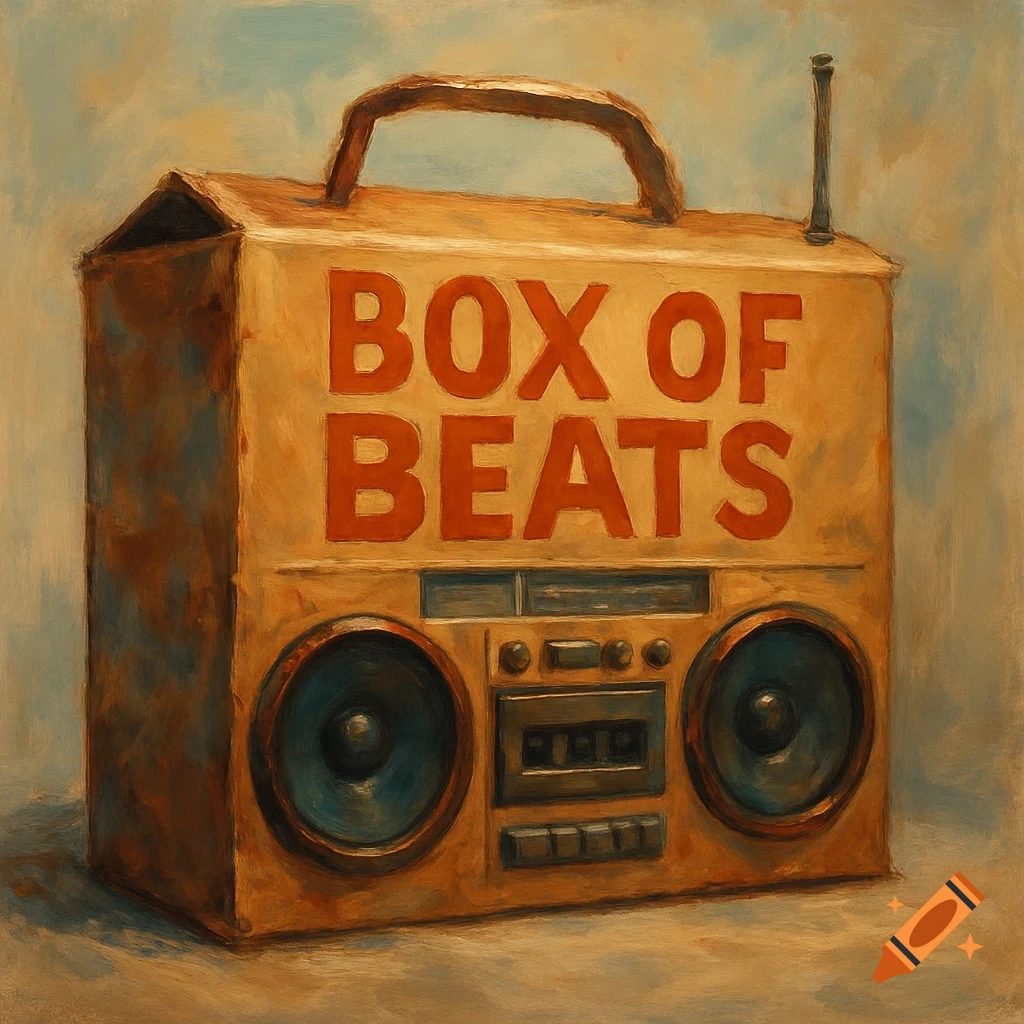 Painting of a boombox made from a box with 'BOX OF BEATS' on the front.