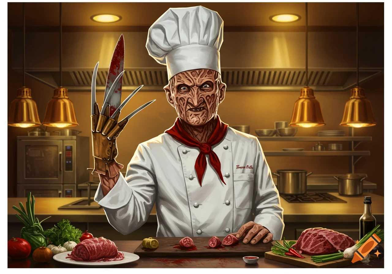 Illustration of Freddy Krueger dressed as a chef, holding a bloody clawed glove over meat in a kitchen