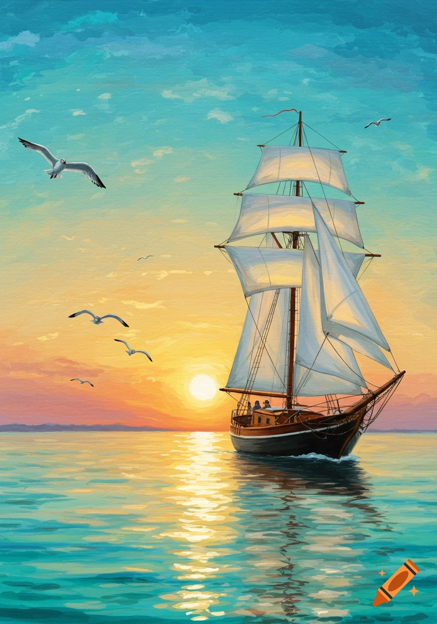 Painting of a sailboat on the ocean at sunset with seagulls.