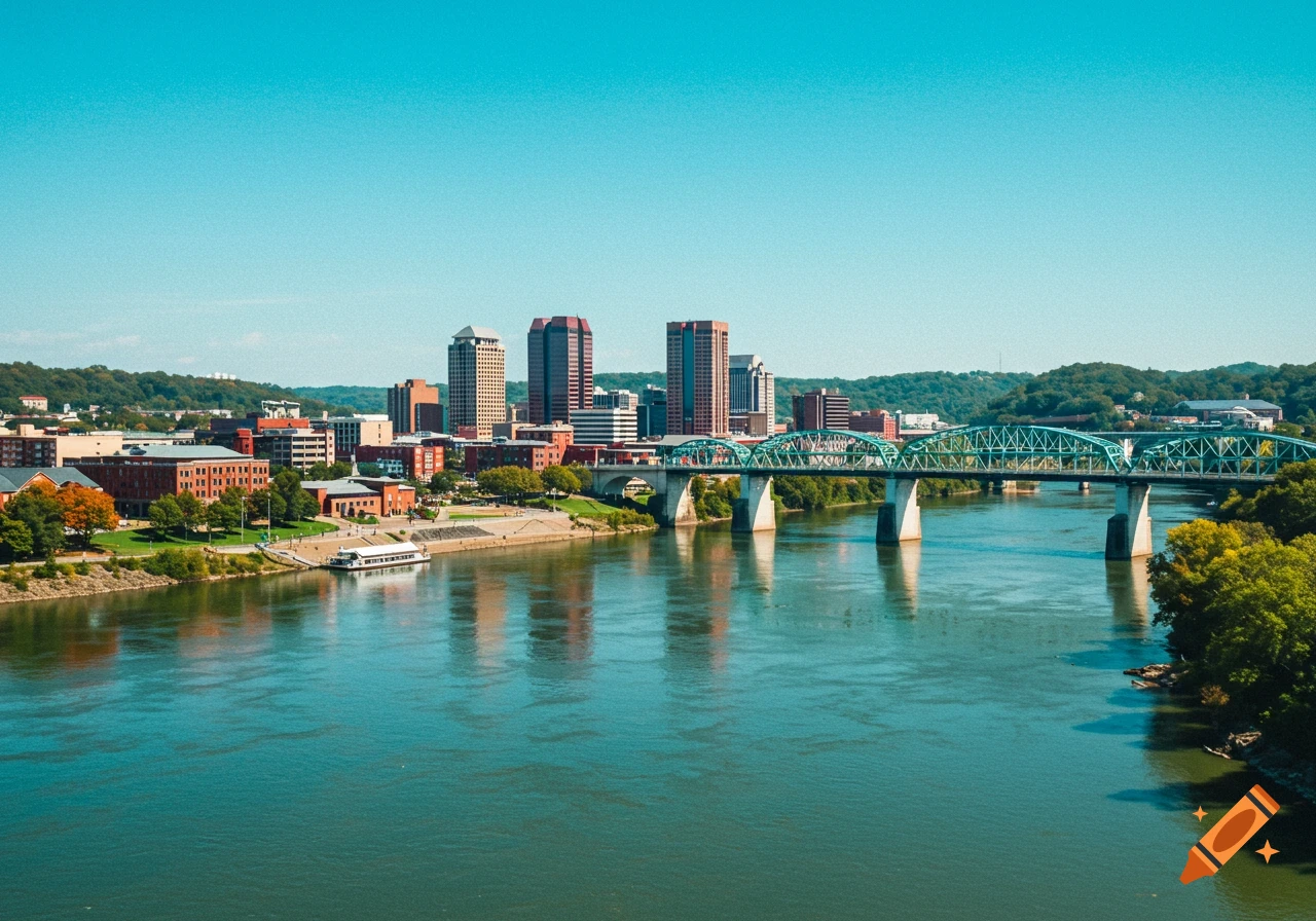 City skyline along river with bridge