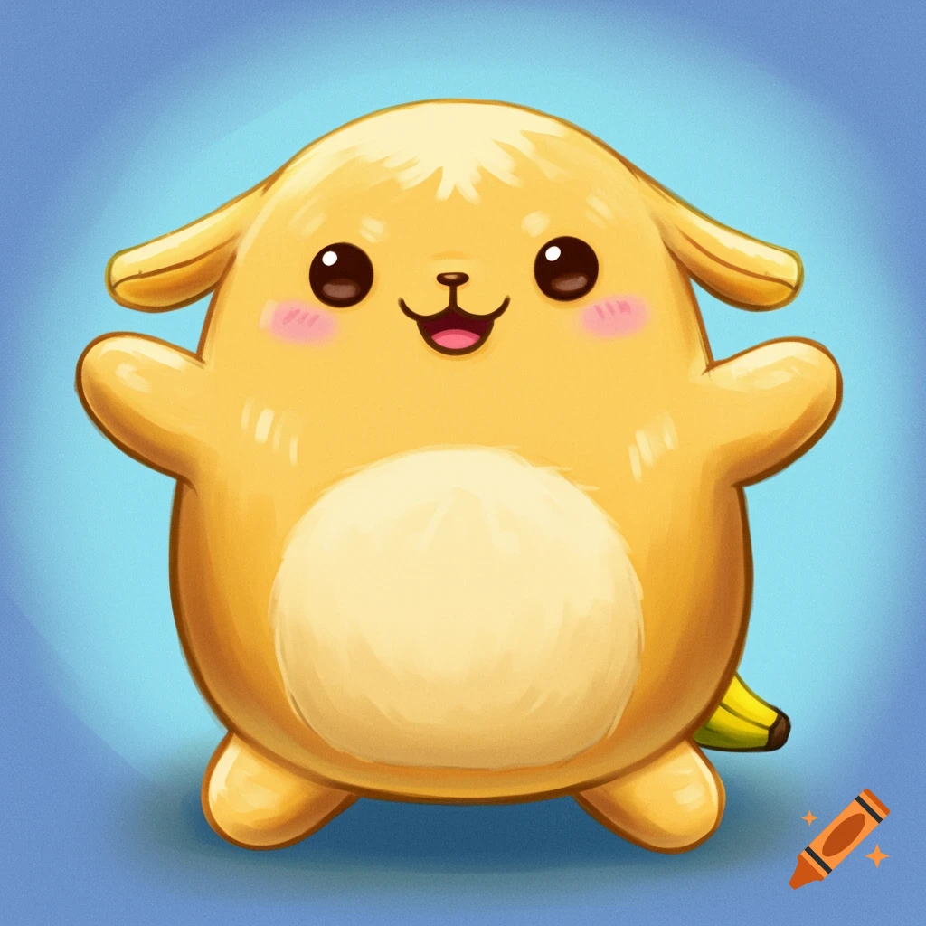 Cute, round yellow creature with big eyes, floppy ears, rosy cheeks, and a banana tail.