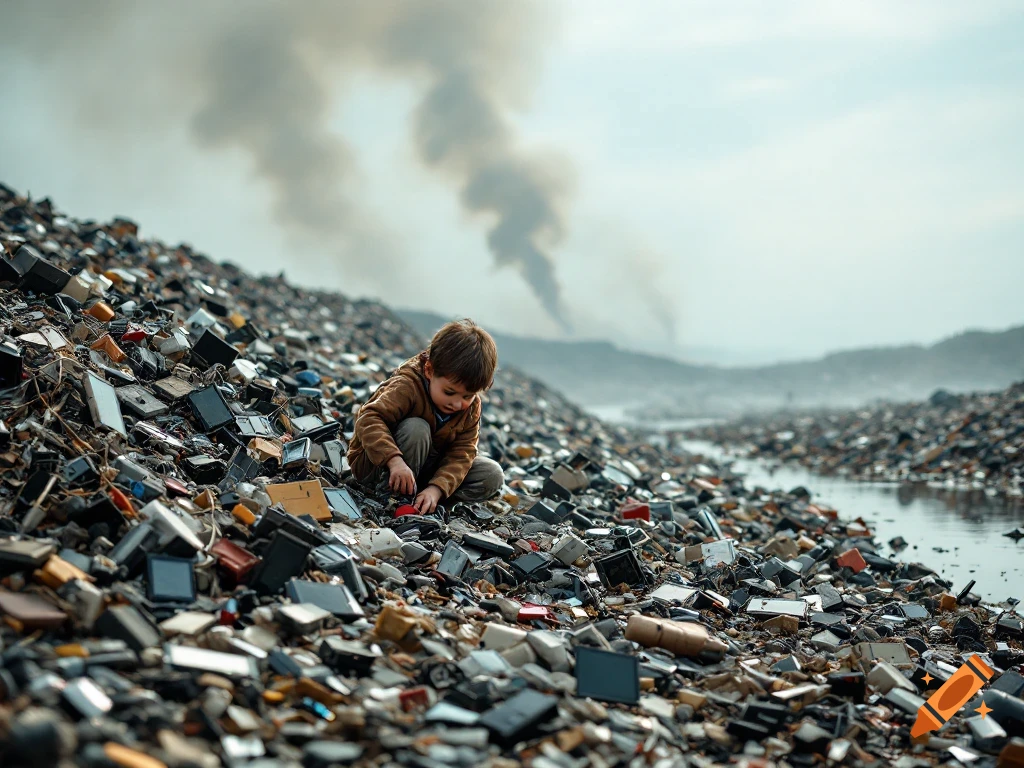 A child sifts through electronic waste at a large dump near a polluted waterway, with smoke in the background.