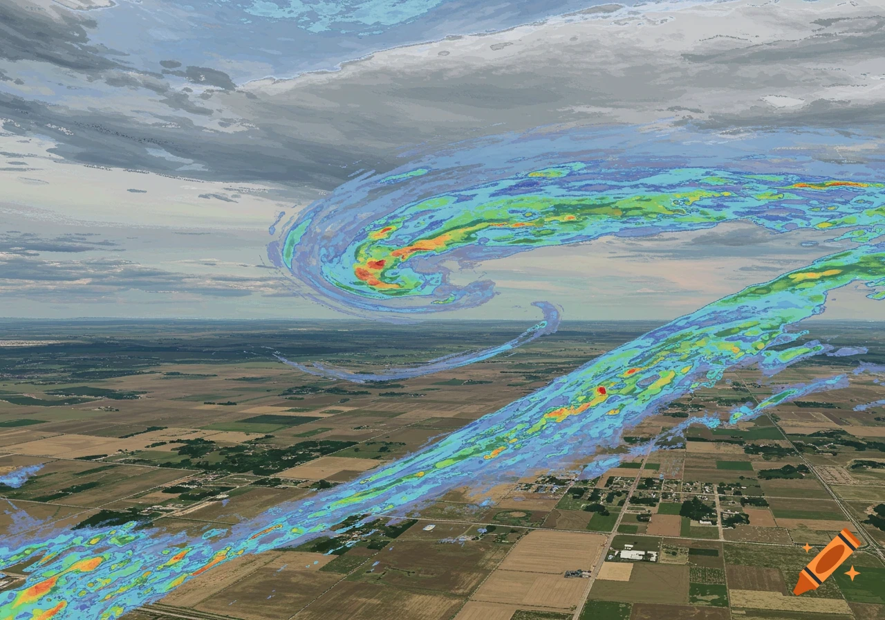 Aerial view of a weather radar visualization showing storm patterns over a rural landscape.