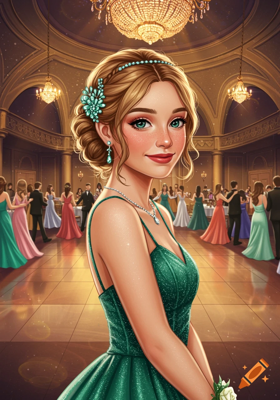 Illustrated young woman in green dress at a fancy ball