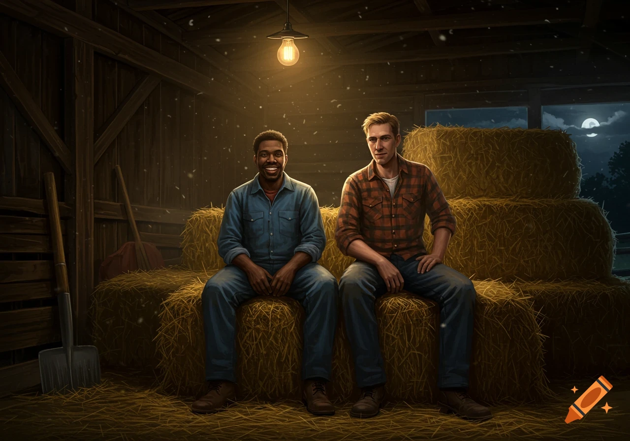 Two men, one black and one white, sit on hay bales inside a dimly lit barn at night.