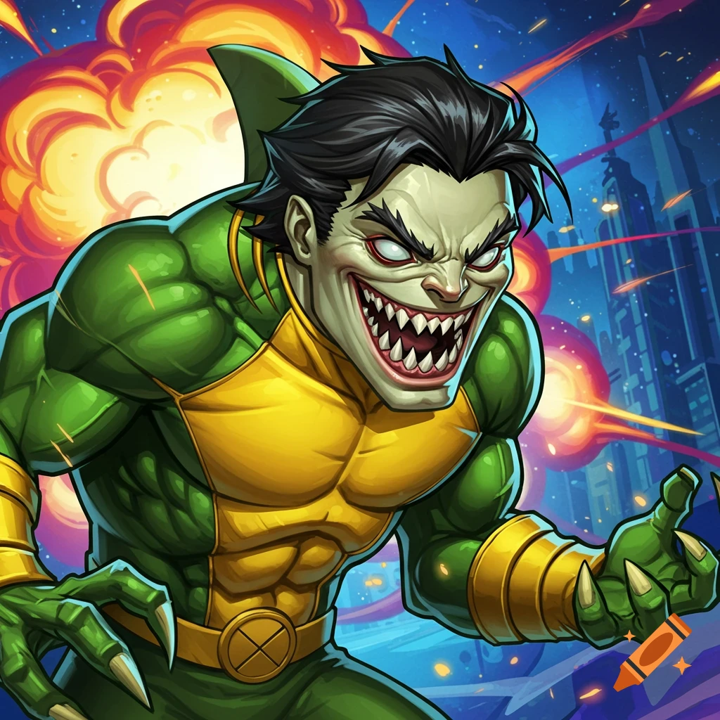 Comic art of Jeff the Land Shark in a superhero suit against an explosion and city background.