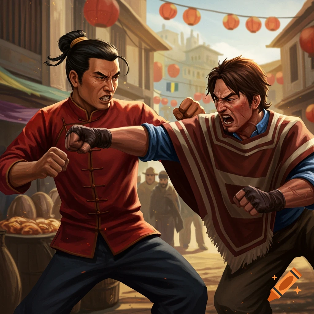 Two men fight in a street, one in a red Chinese jacket, the other in a poncho. Lanterns hang overhead.