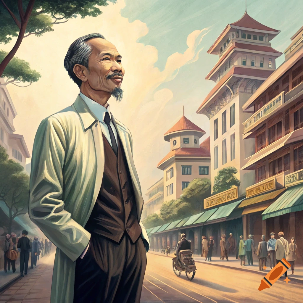 Illustration of Ho Chi Minh standing in a 1960s Vietnamese city street, looking up.