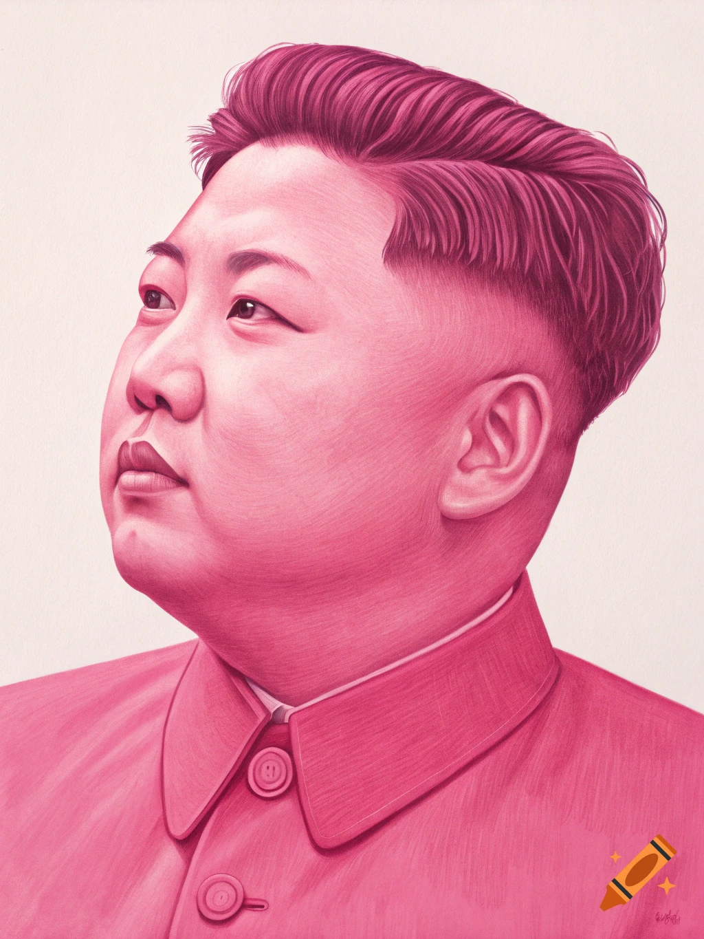 Pink painted portrait of Kim Jong Un looking left