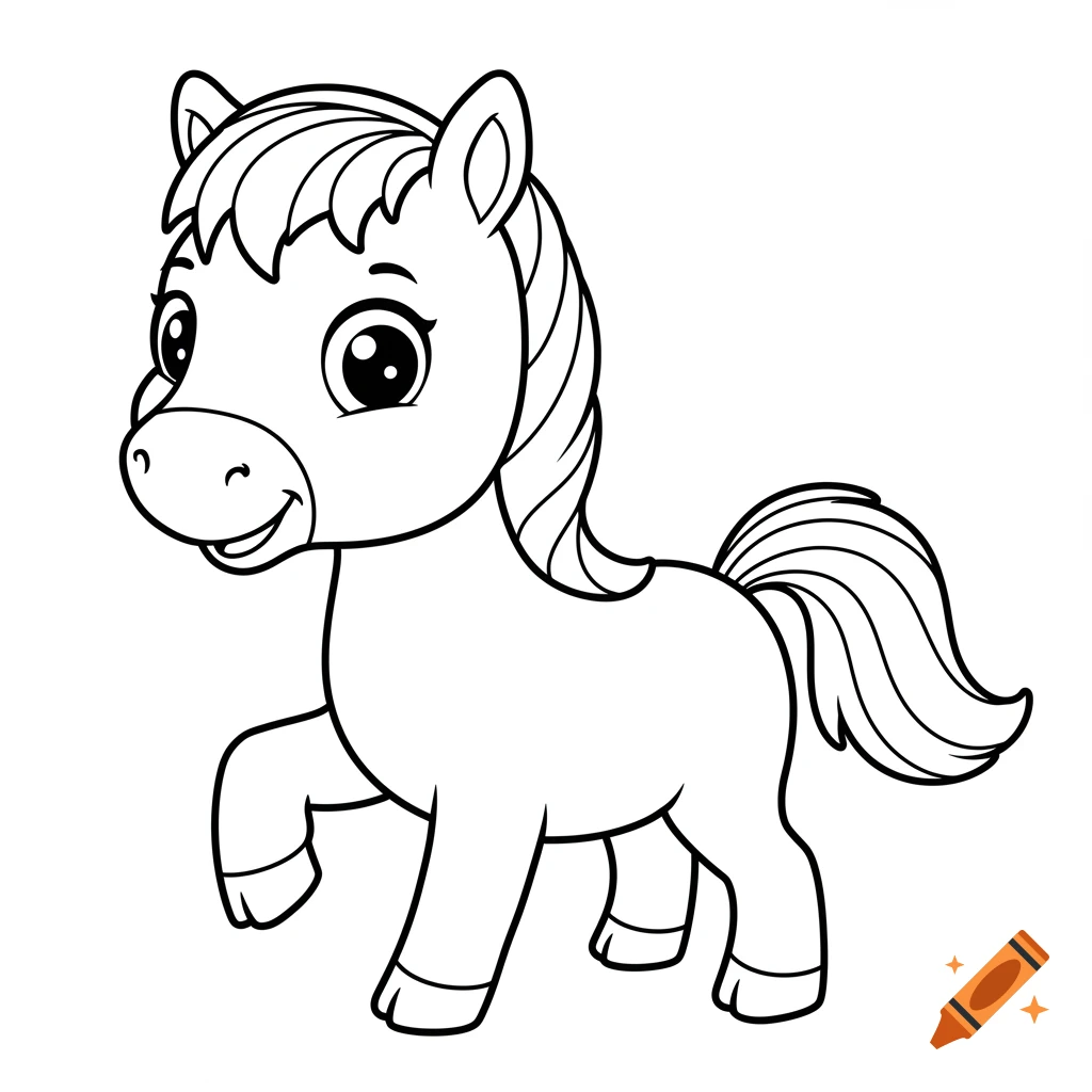A black and white line drawing of a cute cartoon horse standing.