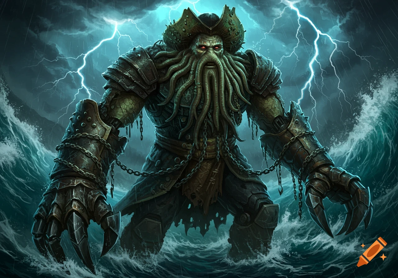 A humanoid mech version of Davy Jones with chain tentacles stands in a stormy sea with lightning.